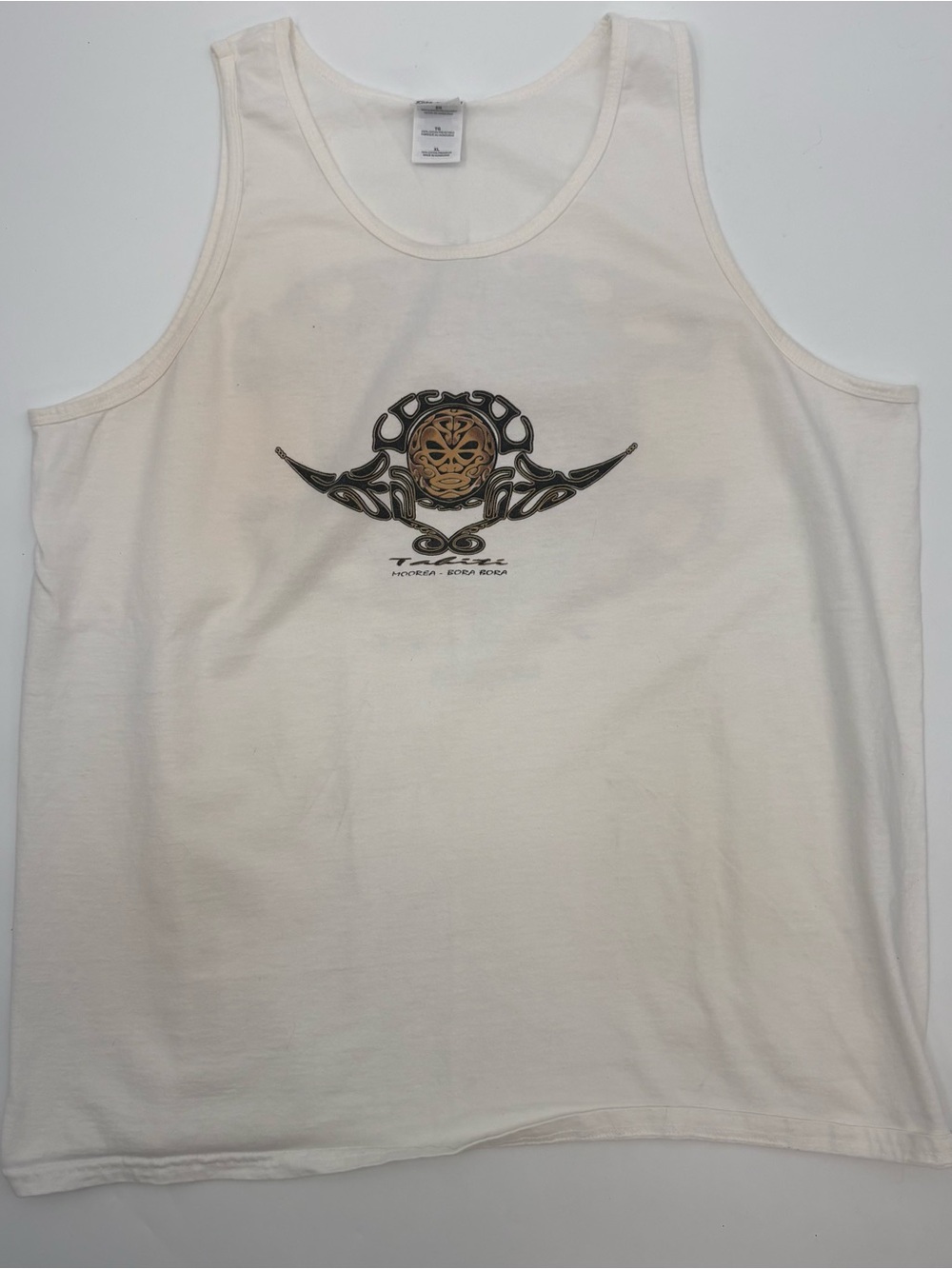 Gildan White Tank Top with Brown & Black Tribal Emblem